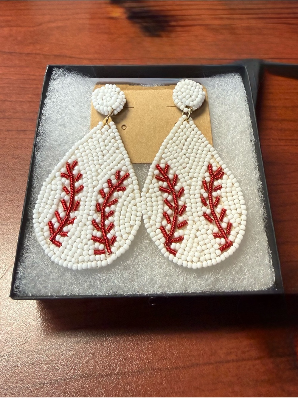 Hand-Beaded White and Red Teardrop Statement Earrings